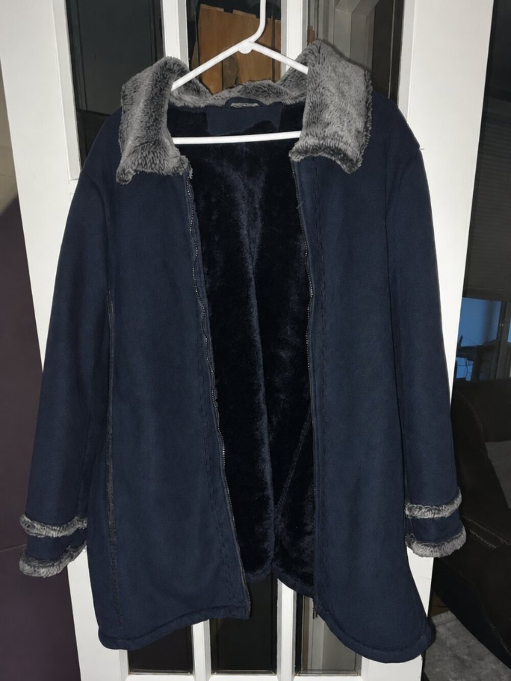 Vintage 2000s Penningtons Plus Size 3X Blue Faux Suede Coat Sherpa Fur EUC